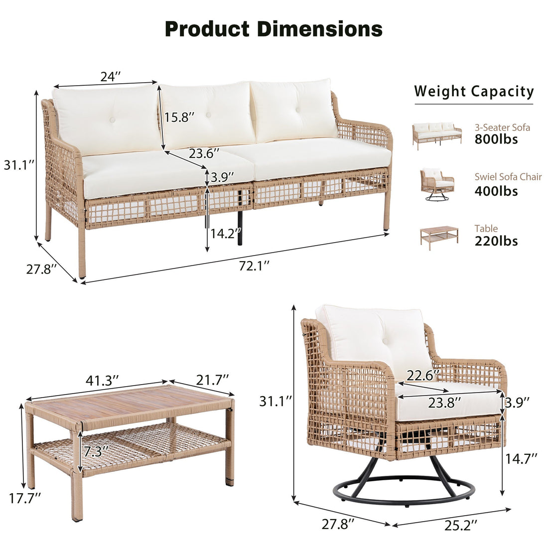 4 Pieces Patio Furniture Set with Swivel Chairs, Outdoor Wicker Sofas