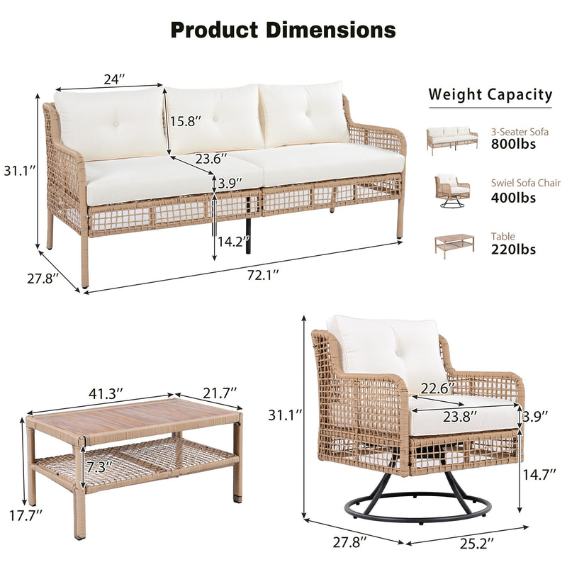 4 Pieces Patio Furniture Set with Swivel Chairs, Outdoor Wicker Sofas