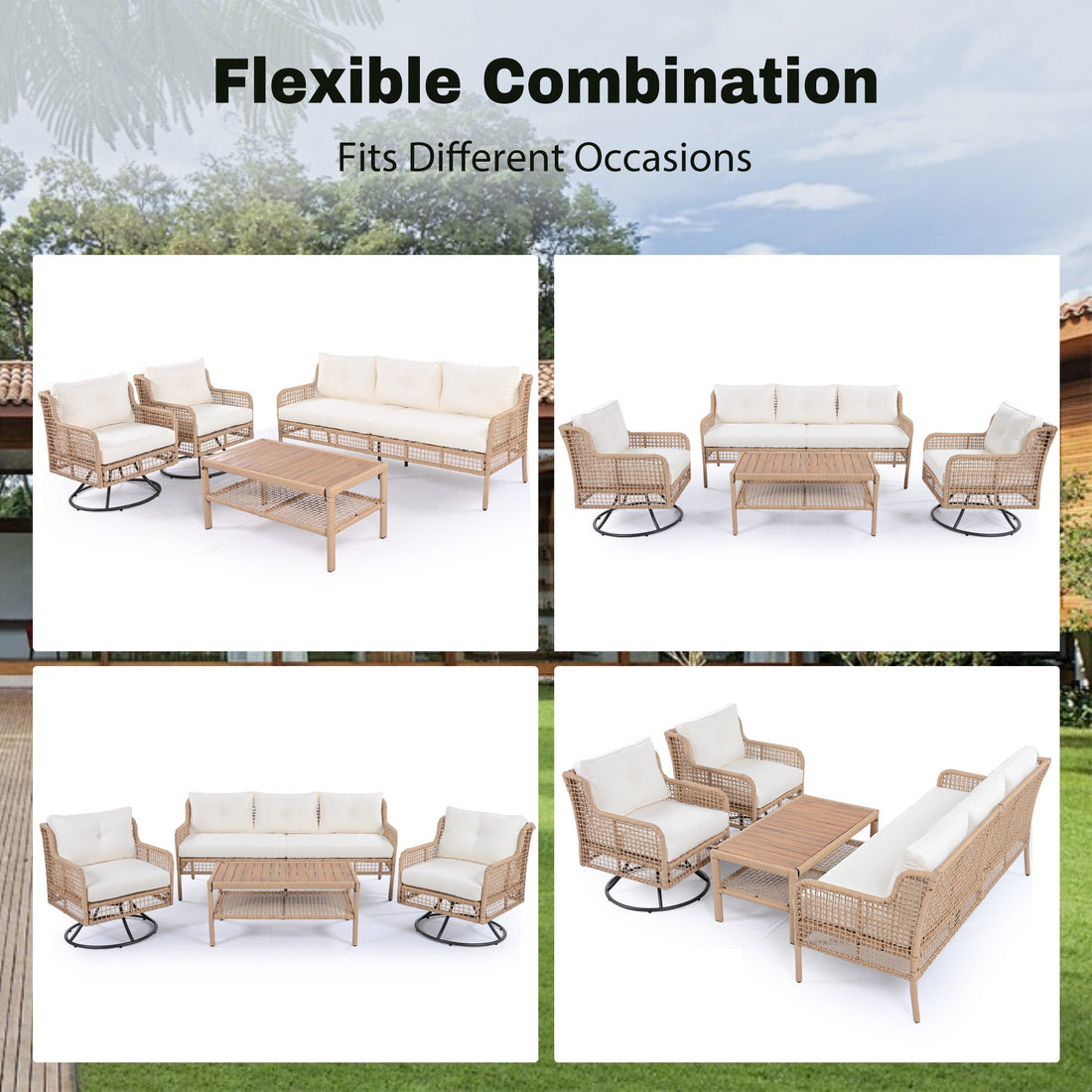 4 Pieces Patio Furniture Set with Swivel Chairs, Outdoor Wicker Sofas