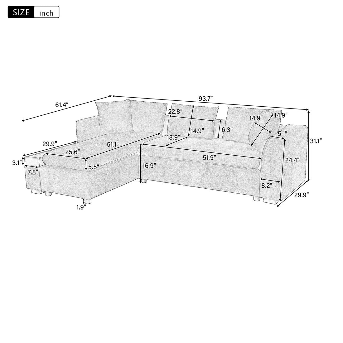Modern L-Shaped Sectional Sofa with Storage in Gray Chenille, 93.7'