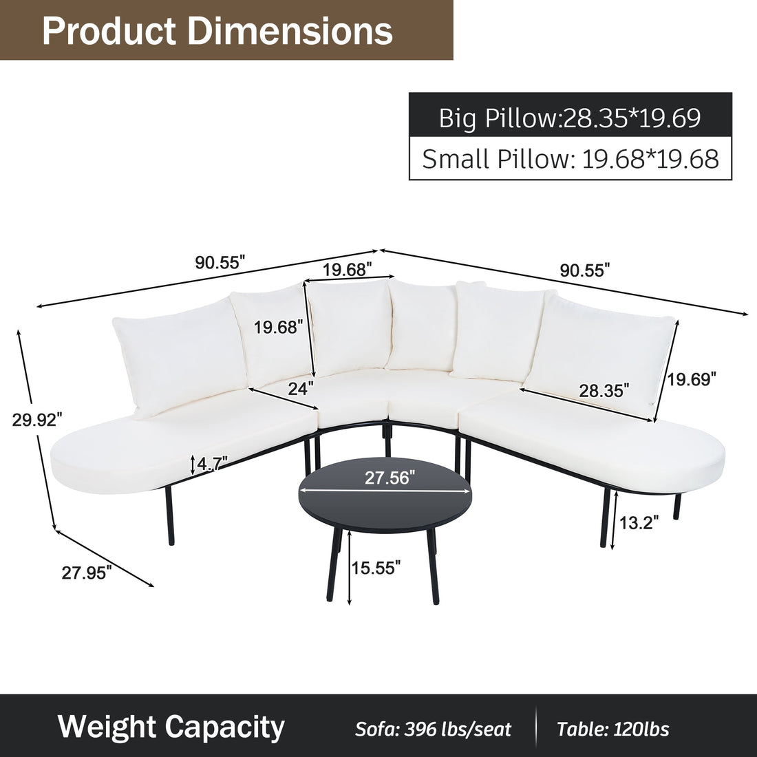 Patio Half- Moon Curved Outdoor Furniture Sofa Set with Coffee Table