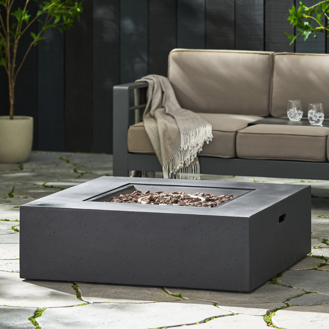 Modern 50,000 BTU Square MgO Fire Table with Propane Tank in Dark Grey
