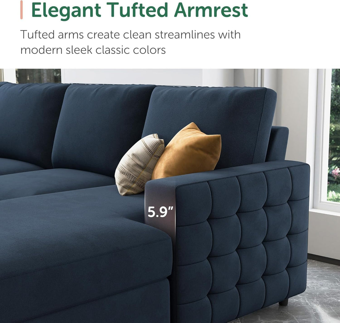 Velvet U-Sectional Sleeper Sofa, Pull-Out Bed, Blue