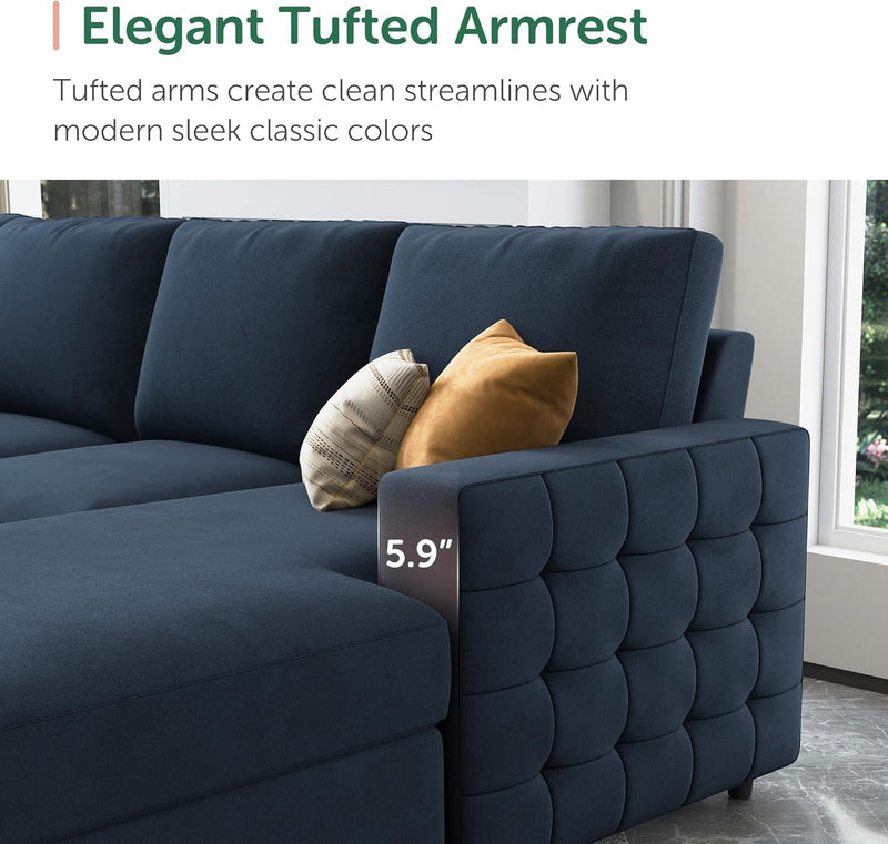 Velvet U-Sectional Sleeper Sofa, Pull-Out Bed, Blue