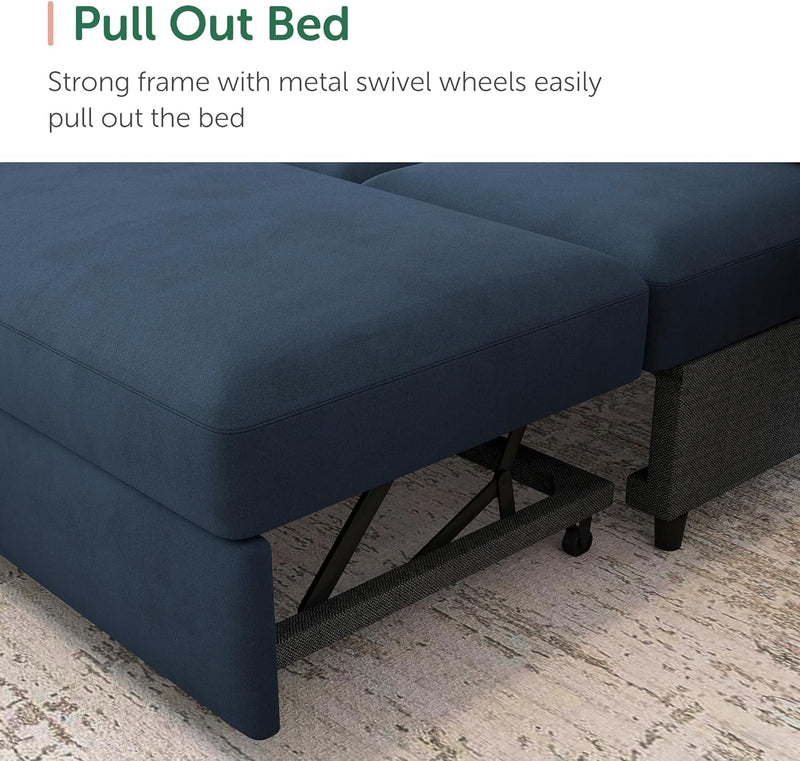 Velvet U-Sectional Sleeper Sofa, Pull-Out Bed, Blue