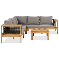 4 Pieces Outdoor Acacia Wood Sofa Set, Woven Mesh Armrests, L-Shaped