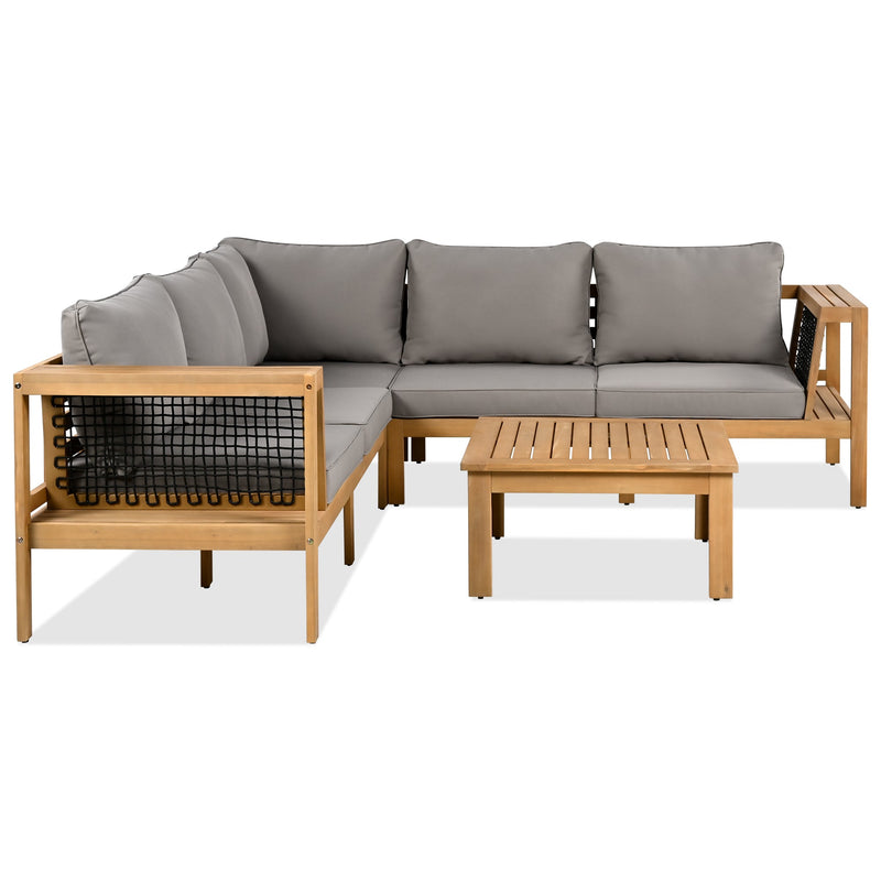4 Pieces Outdoor Acacia Wood Sofa Set, Woven Mesh Armrests, L-Shaped