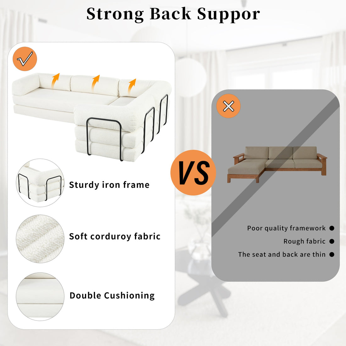 L-Shaped Modular Sofa Bed in Corduroy Fabric, Ideal for Living Rooms