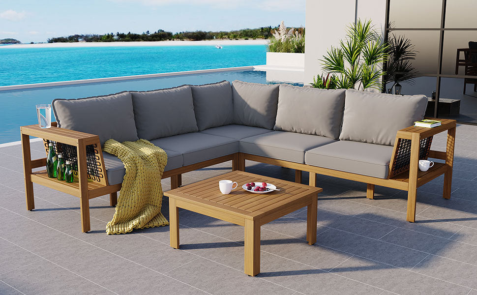 4 Pieces Outdoor Acacia Wood Sofa Set, Woven Mesh Armrests, L-Shaped