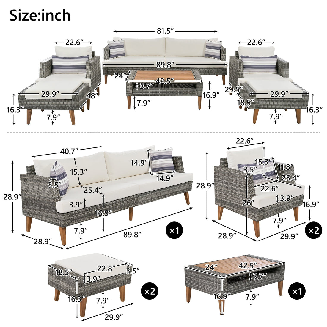 6-Pieces All Weather PE Wicker Sofa Set, Outdoor Rattan sofa With