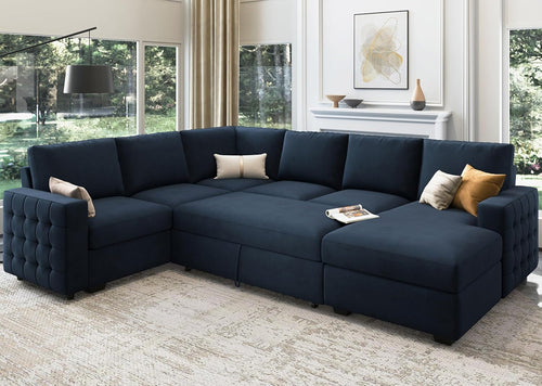 Velvet U-Sectional Sleeper Sofa, Pull-Out Bed, Blue