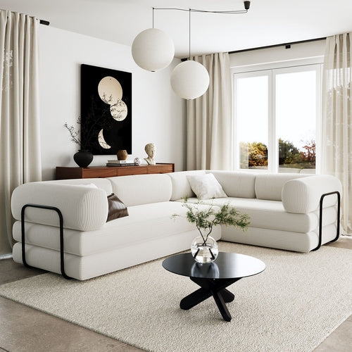 L-Shaped Modular Sofa Bed in Corduroy Fabric, Ideal for Living Rooms
