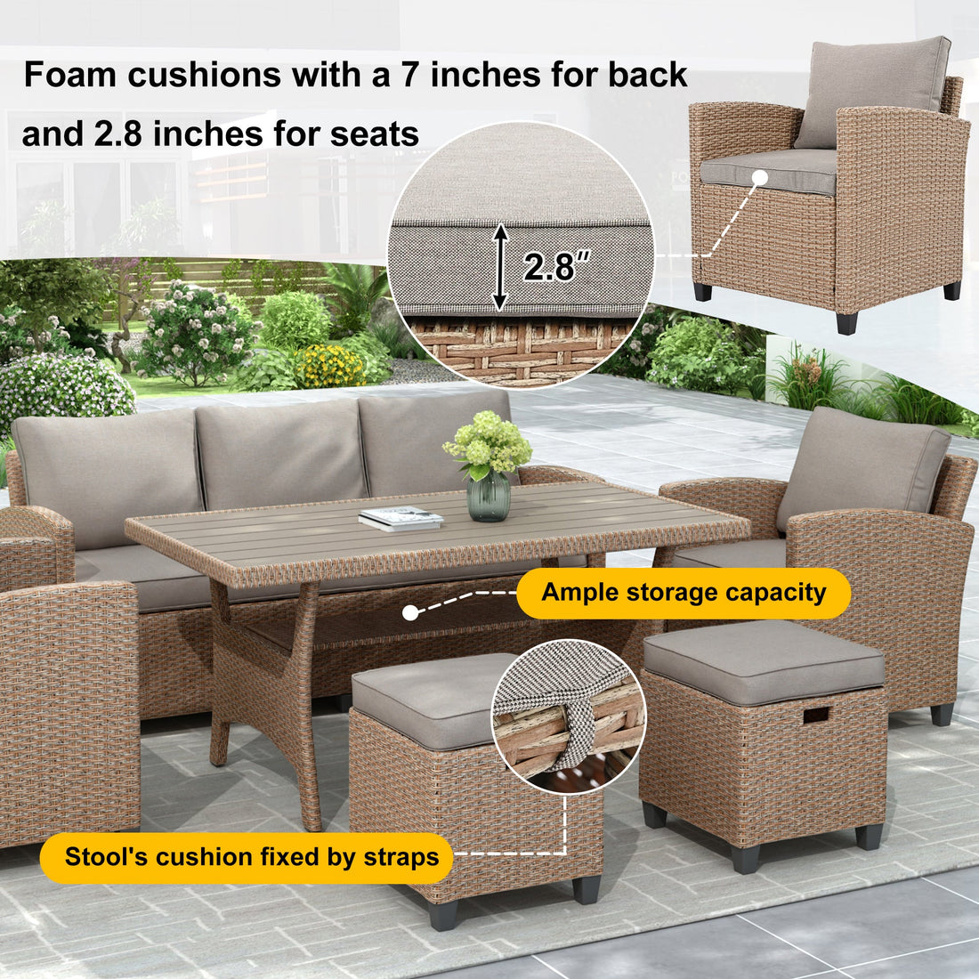 6-Piece Outdoor Rattan Wicker Set Patio Garden Backyard Sofa, Chair,