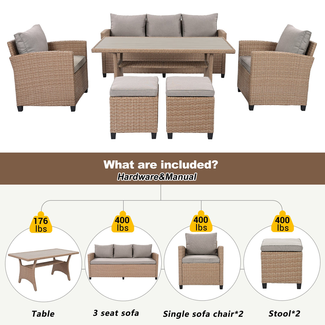 6-Piece Outdoor Rattan Wicker Set Patio Garden Backyard Sofa, Chair,