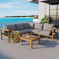 4 Pieces Outdoor Acacia Wood Sofa Set, Woven Mesh Armrests, L-Shaped