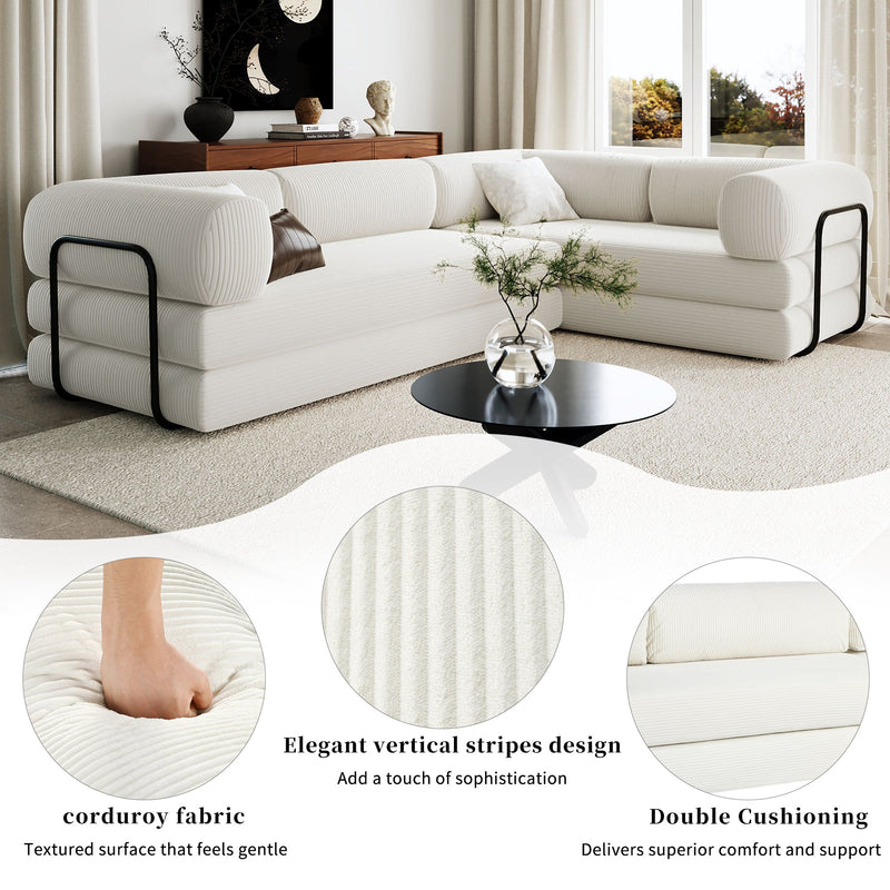 L-Shaped Modular Sofa Bed in Corduroy Fabric, Ideal for Living Rooms