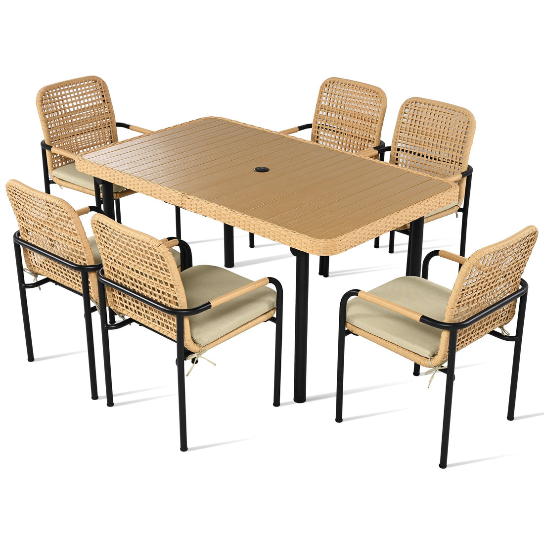 7 Pieces Patio Dining Set, Outdoor Wicker Furniture Set, Plastic-wood