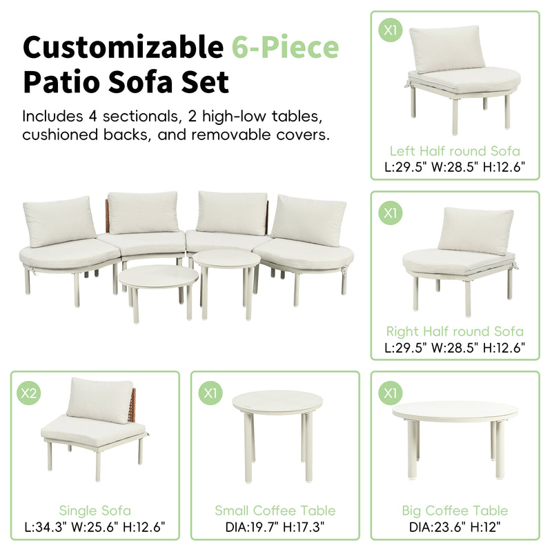 6-Piece Patio Sofa Furniture Set, Half Moon Outdoor Sectional Sofa