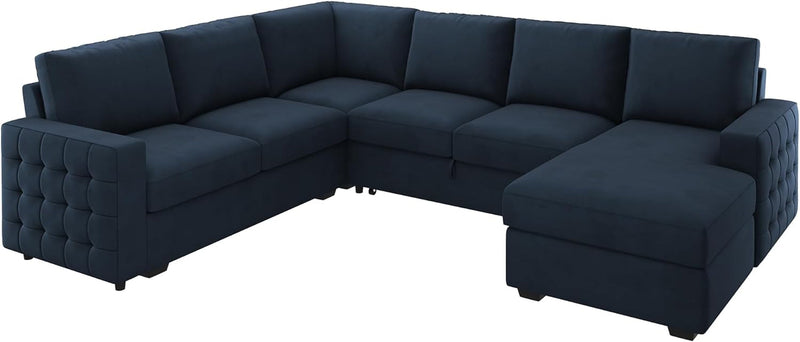 Velvet U-Sectional Sleeper Sofa, Pull-Out Bed, Blue