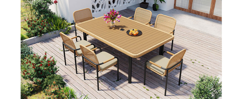7 Pieces Patio Dining Set, Outdoor Wicker Furniture Set, Plastic-wood