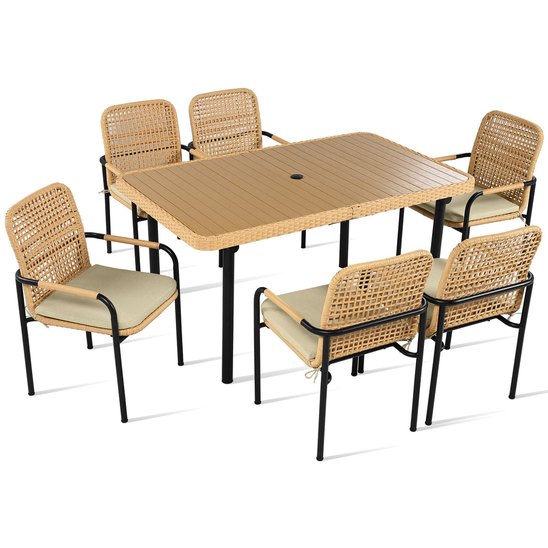 7 Pieces Patio Dining Set, Outdoor Wicker Furniture Set, Plastic-wood