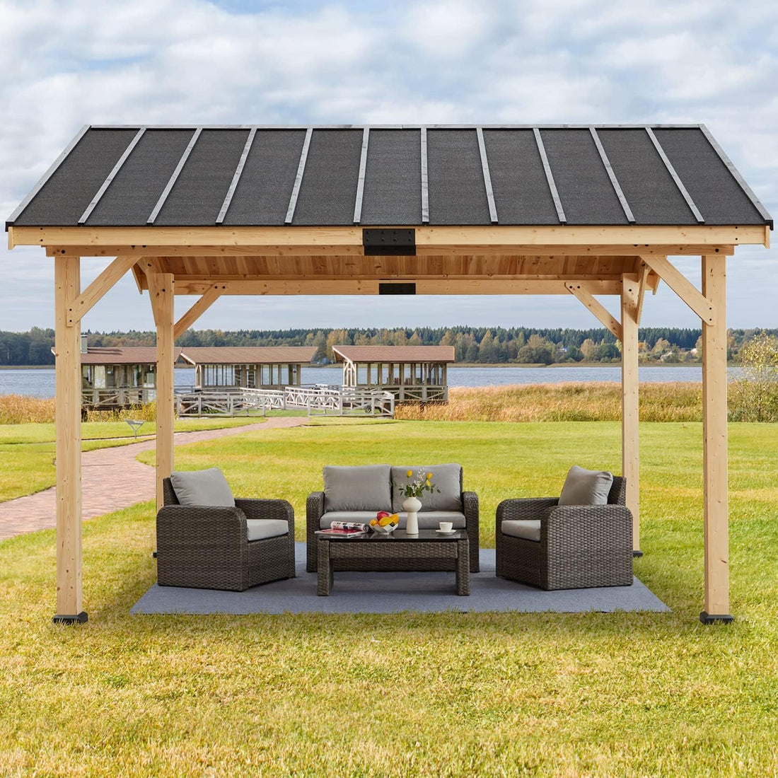 12x15 Spruce Wood Hardtop Gazebo Asphalt Roof