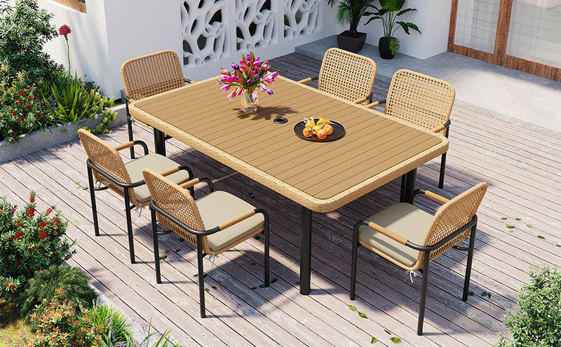 7 Pieces Patio Dining Set, Outdoor Wicker Furniture Set, Plastic-wood