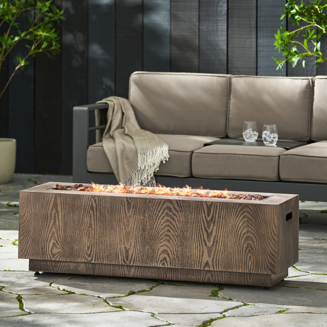 Outdoor 48' Rectangular Iron Propane Fire Pit with 50,000 BTU, Brown