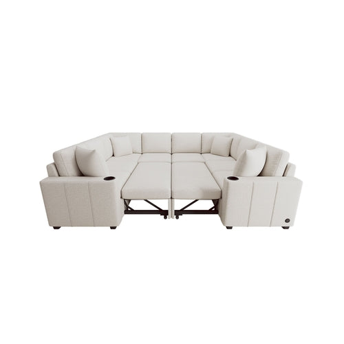 Convertible U-Shaped Sectional Sofa with Pull-Out Bed and USB Ports,