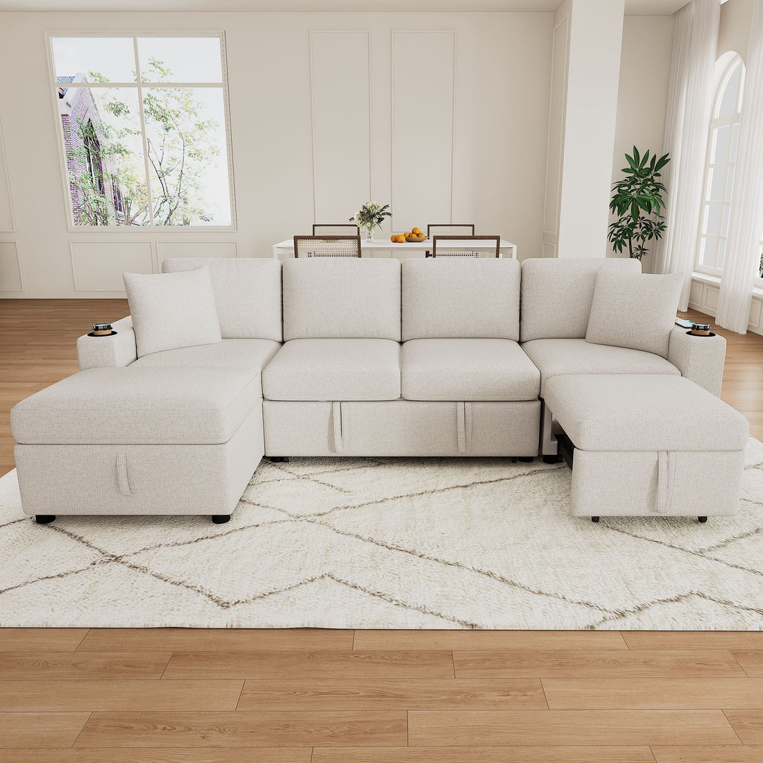 Beige Chenille Sectional Sofa Convertible Pull-out Bed with Storage