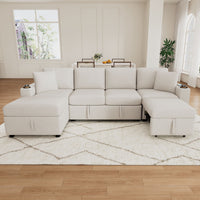 Beige Chenille Sectional Sofa Convertible Pull-out Bed with Storage