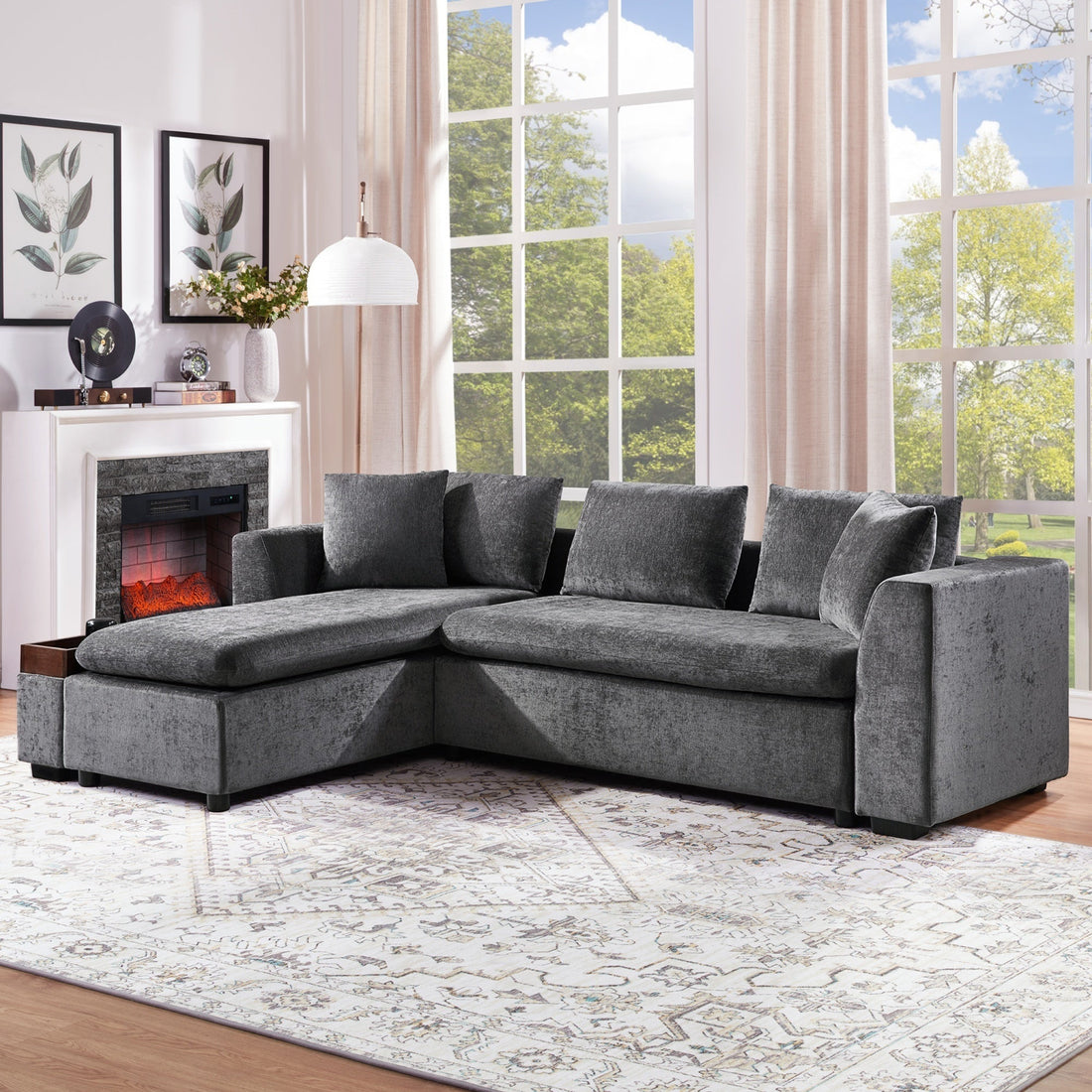 Modern L-Shaped Sectional Sofa with Storage in Gray Chenille, 93.7'