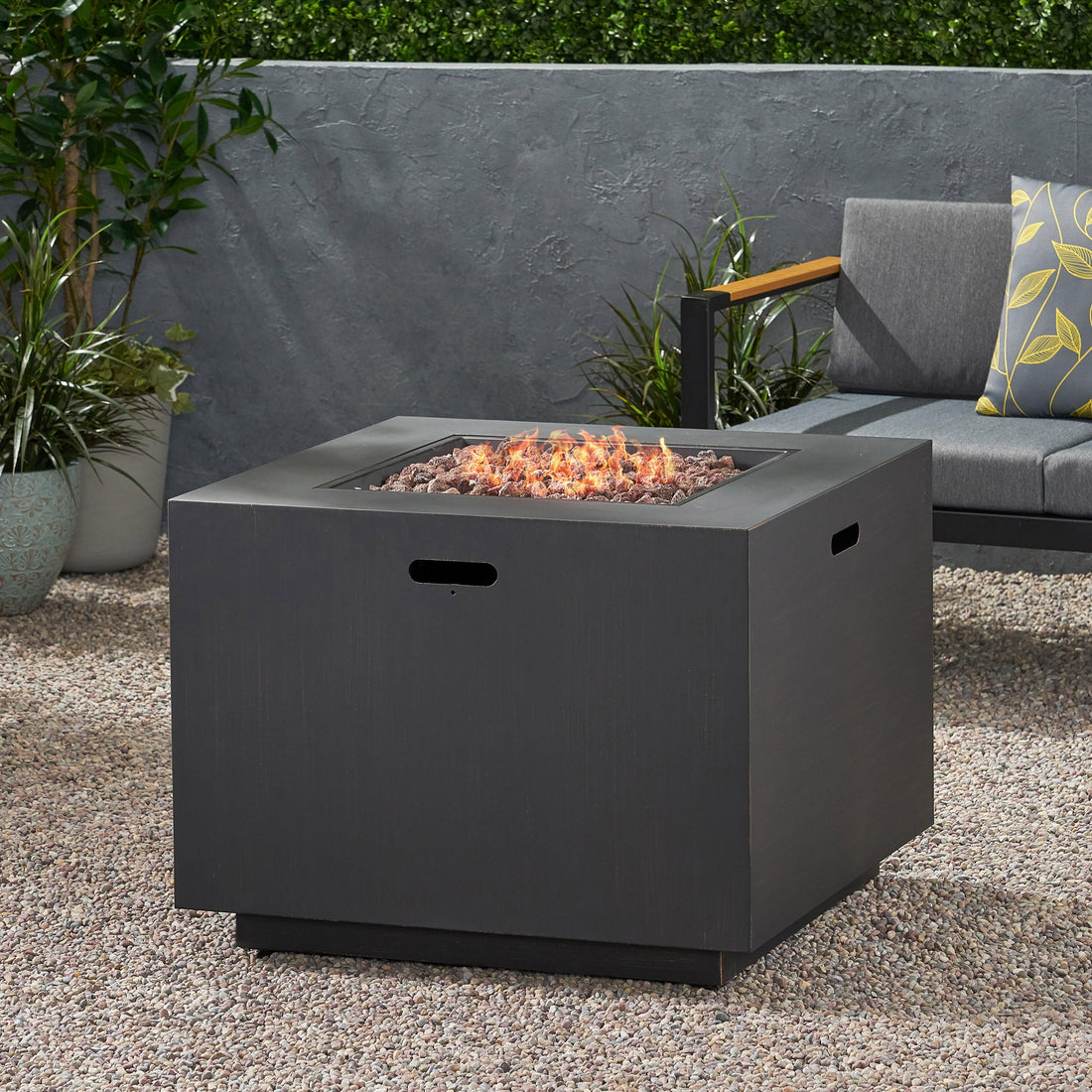 Outdoor Iron Square Propane Fire Pit with Tank Space, Brushed Brown