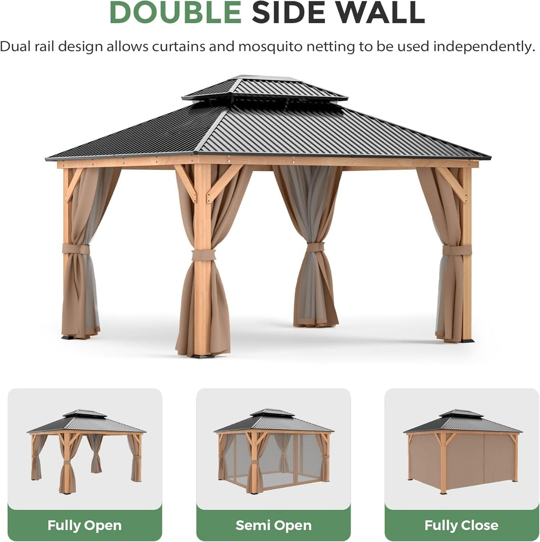 11X13 Wood Gazebo, Outdoor Hardtop Gazebo with Netting and Curtains,