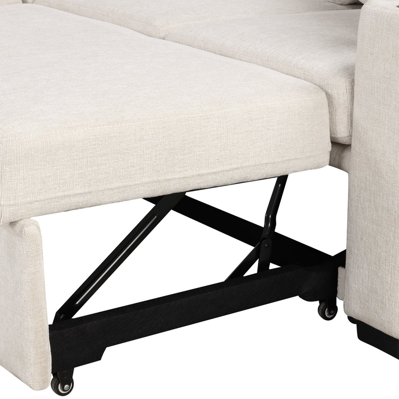 Beige Chenille Sectional Sofa Convertible Pull-out Bed with Storage