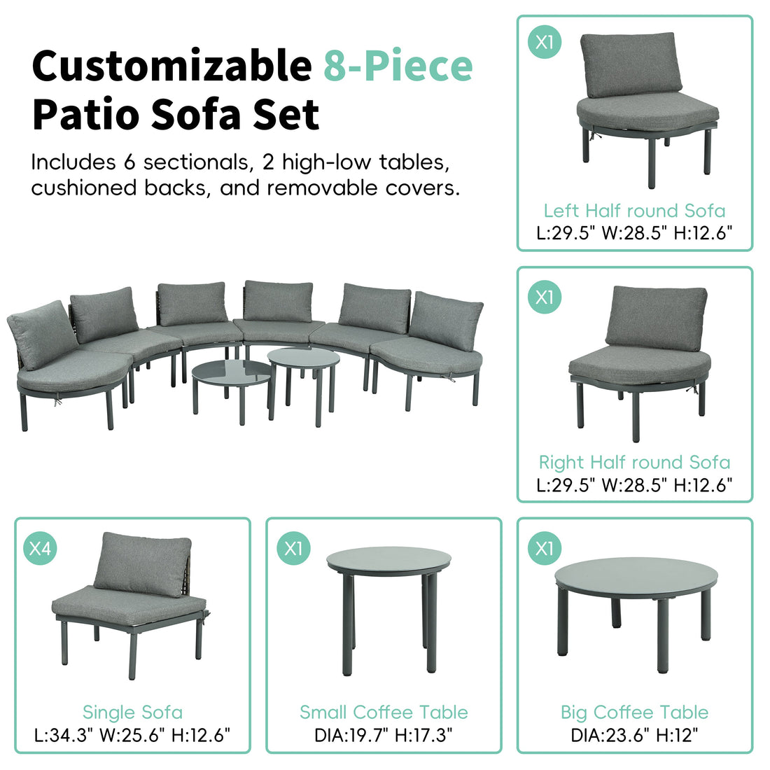 8-Piece Patio Sofa Furniture Set, Half Moon Outdoor Sectional Sofa