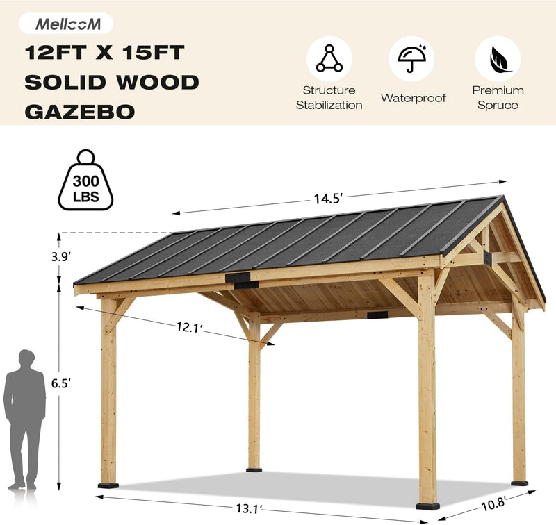12x15 Spruce Wood Hardtop Gazebo Asphalt Roof