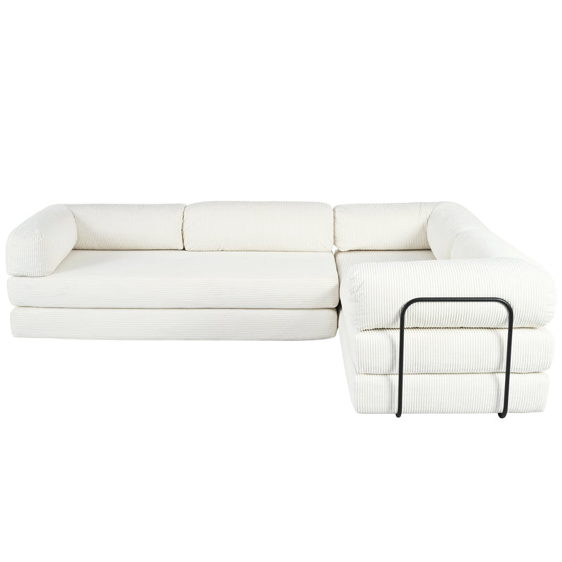 L-Shaped Modular Sofa Bed in Corduroy Fabric, Ideal for Living Rooms