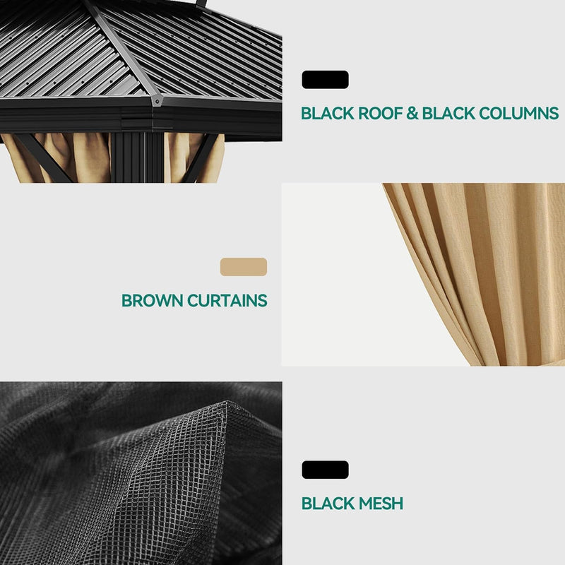 10x12 Hardtop Gazebo Netting Curtains Steel Brown
