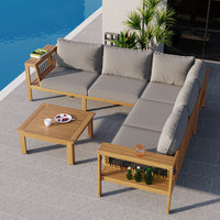 4 Pieces Outdoor Acacia Wood Sofa Set, Woven Mesh Armrests, L-Shaped