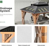 11X13 Wood Gazebo, Outdoor Hardtop Gazebo with Netting and Curtains,