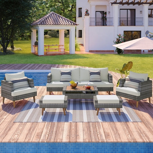 6-Pieces All Weather PE Wicker Sofa Set, Outdoor Rattan sofa With