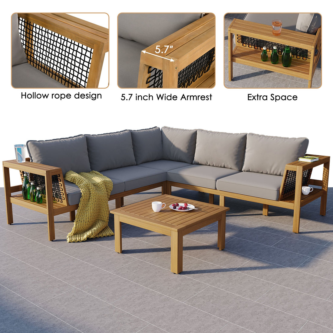 4 Pieces Outdoor Acacia Wood Sofa Set, Woven Mesh Armrests, L-Shaped