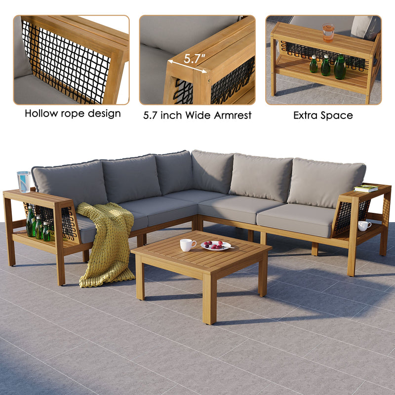 4 Pieces Outdoor Acacia Wood Sofa Set, Woven Mesh Armrests, L-Shaped