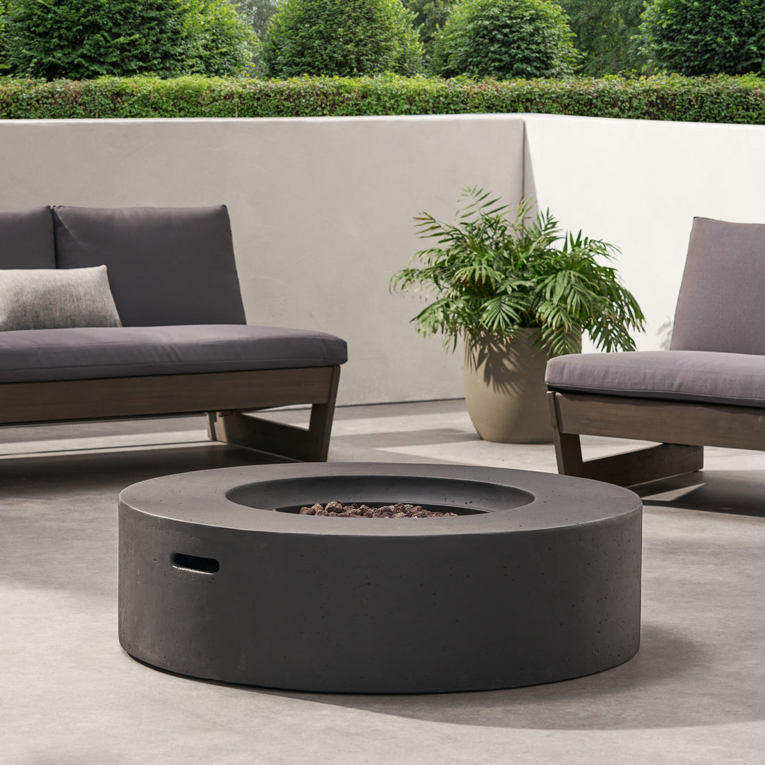 Modern Lightweight Concrete Outdoor Circular Fire Pit 50,000 BTU Dark