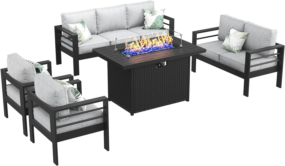 Aluminum Furniture Set with Fire Pit Table, 5 Pieces Patio Sectional