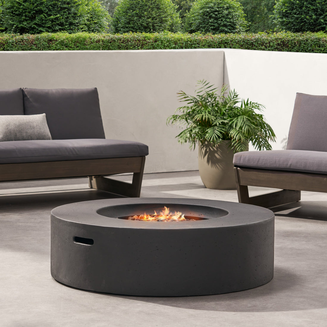 Modern Lightweight Concrete Outdoor Circular Fire Pit 50,000 BTU Dark