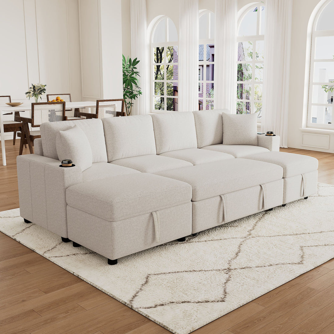 Beige Chenille Sectional Sofa Convertible Pull-out Bed with Storage