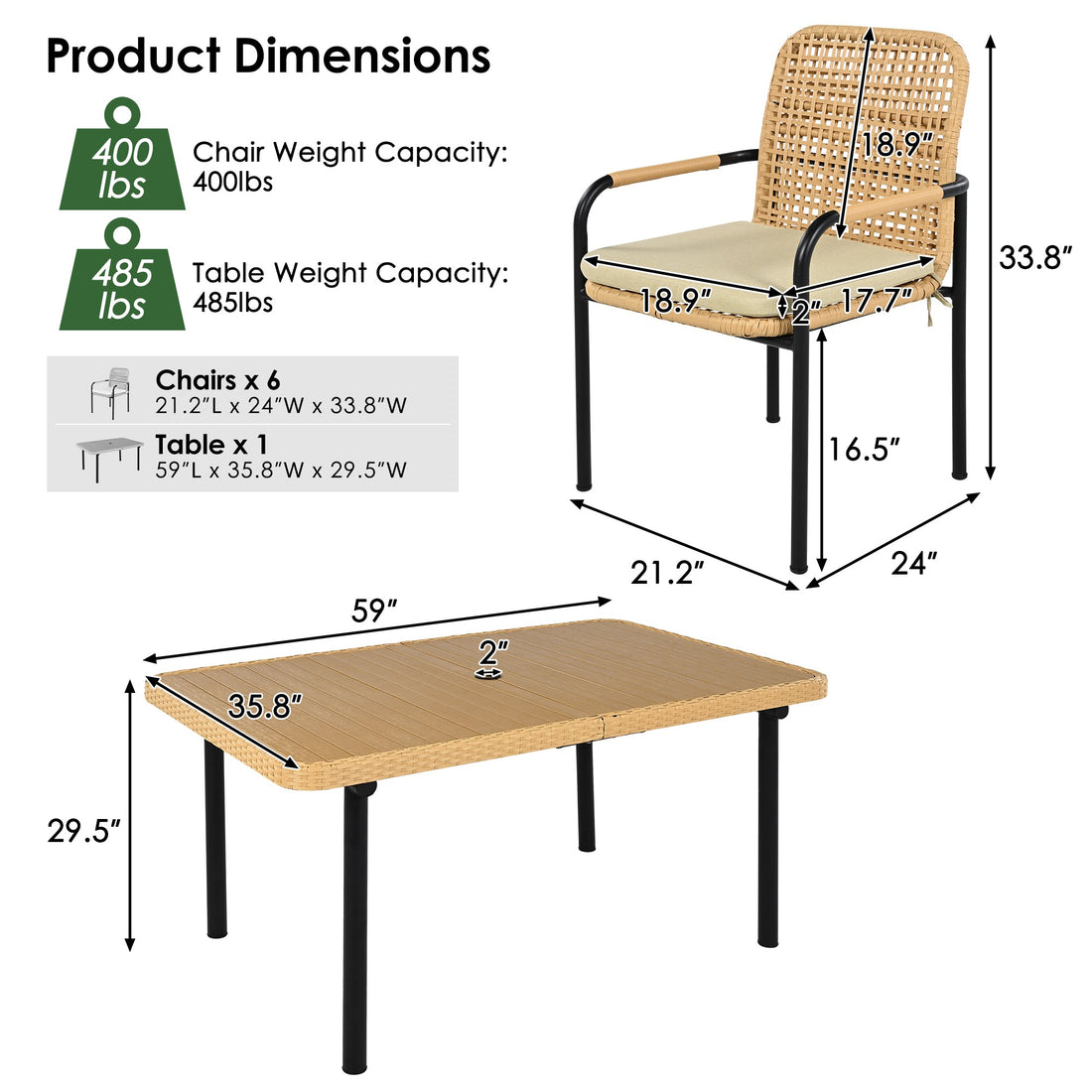 7 Pieces Patio Dining Set, Outdoor Wicker Furniture Set, Plastic-wood