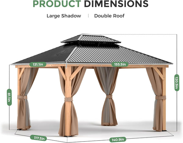 11X13 Wood Gazebo, Outdoor Hardtop Gazebo with Netting and Curtains,